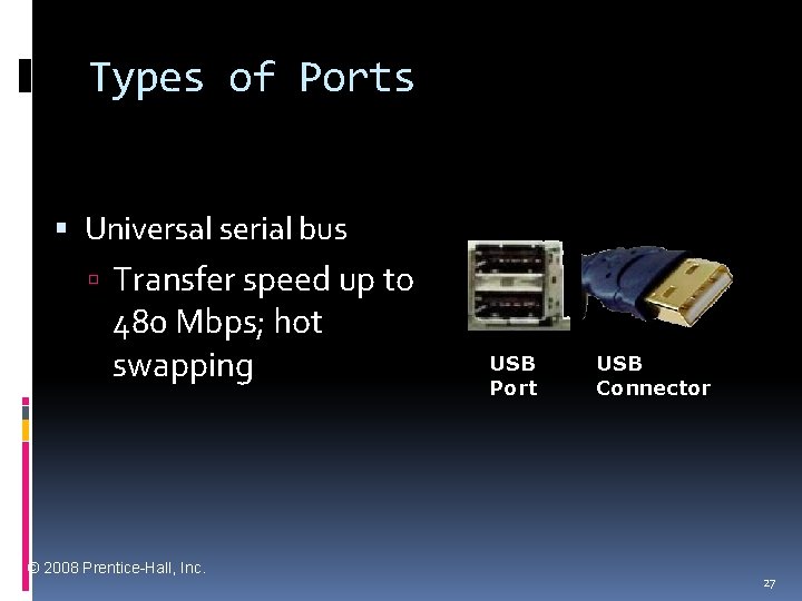 Types of Ports Universal serial bus Transfer speed up to 480 Mbps; hot swapping