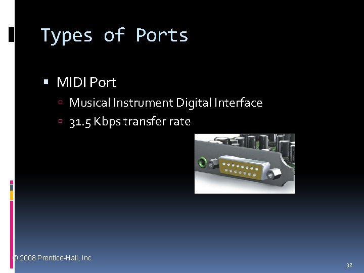 Types of Ports MIDI Port Musical Instrument Digital Interface 31. 5 Kbps transfer rate