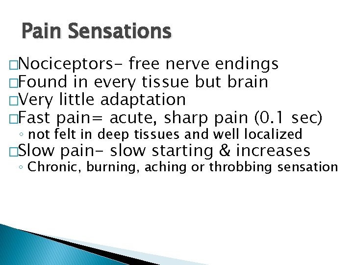 Pain Sensations �Nociceptors- free nerve endings �Found in every tissue but brain �Very little