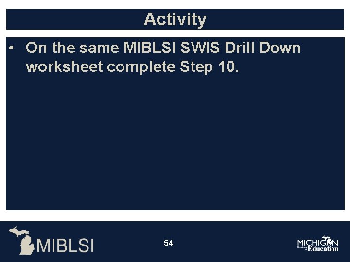 Activity • On the same MIBLSI SWIS Drill Down worksheet complete Step 10. 5454 Activity • On the same MIBLSI SWIS Drill Down worksheet complete Step 10. 5454