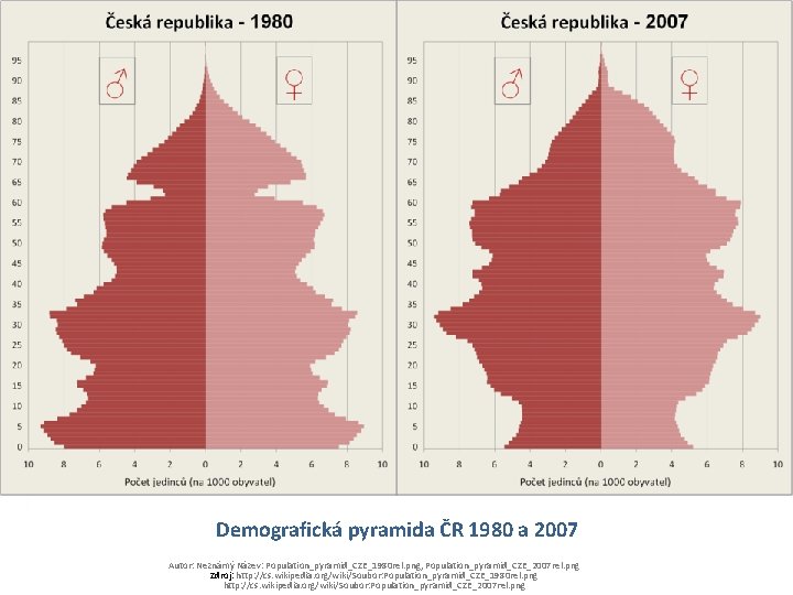 Demografická pyramida ČR 1980 a 2007 Autor: Neznámý Název: Population_pyramid_CZE_1980 rel. png, Population_pyramid_CZE_2007 rel.