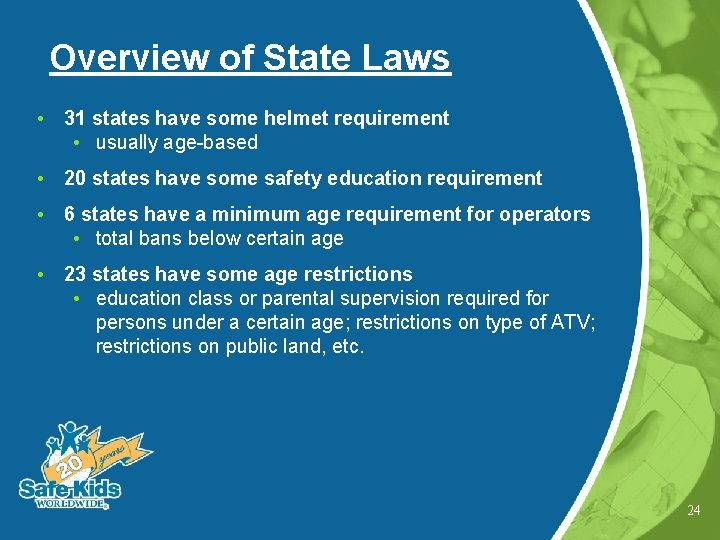 Overview of State Laws • 31 states have some helmet requirement • usually age-based