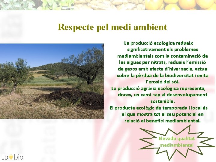 Respecte pel medi ambient La producció ecològica redueix significativament els problemes mediambientals com la