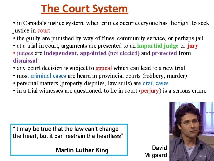 The Court System • in Canada’s justice system, when crimes occur everyone has the