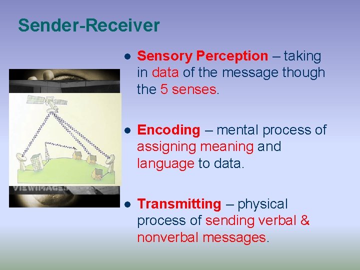 Sender-Receiver l Sensory Perception – taking in data of the message though the 5