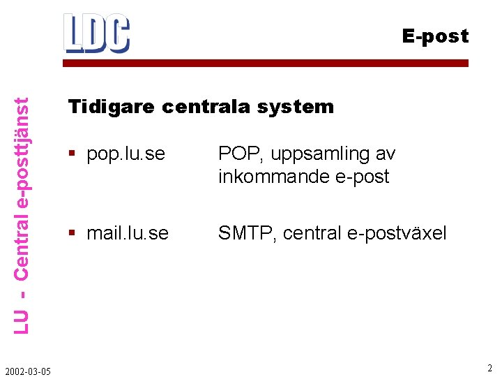 LU - Central e-posttjänst E-post 2002 -03 -05 Tidigare centrala system § pop. lu.