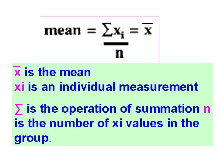 x is the mean xi is an individual measurement ∑ is the operation of