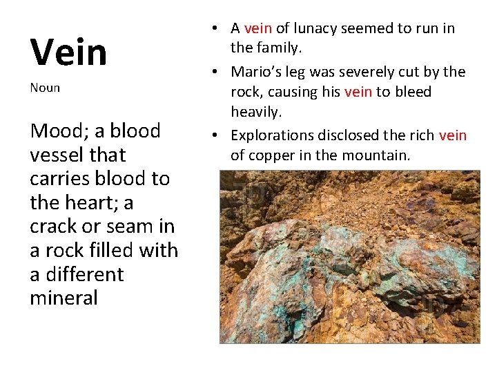 Vein Noun Mood; a blood vessel that carries blood to the heart; a crack