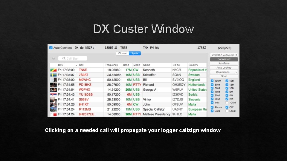 DX Custer Window Clicking on a needed call will propagate your logger callsign window