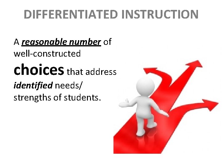 DIFFERENTIATED INSTRUCTION A reasonable number of well-constructed choices that address identified needs/ strengths of