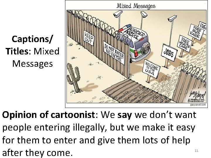 Captions/ Titles: Mixed Messages Opinion of cartoonist: We say we don’t want people entering