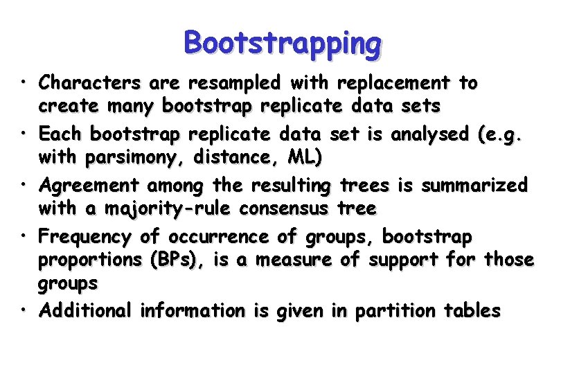 Bootstrapping • Characters are resampled with replacement to create many bootstrap replicate data sets