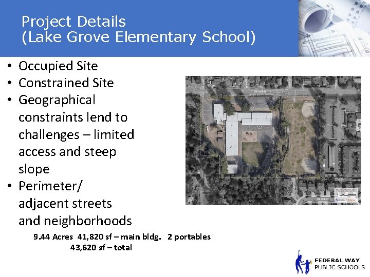 Project Details (Lake Grove Elementary School) • Occupied Site • Constrained Site • Geographical