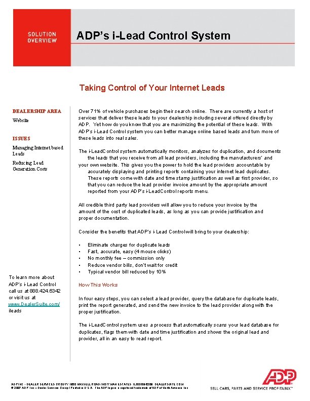 ADP’s i-Lead Control System Taking Control of Your Internet Leads DEALERSHIP AREA Website ISSUES