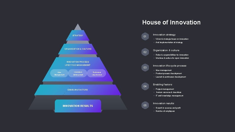 House of Innovation STRATEGY 01 Innovation strategy • Vision & strategic focus on innovation