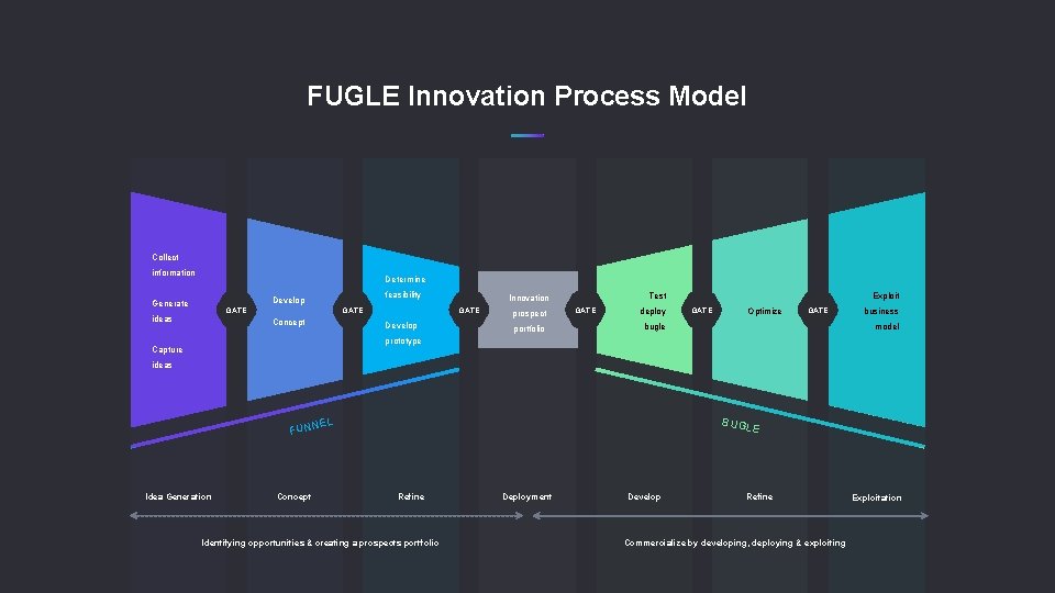 FUGLE Innovation Process Model Collect information Determine feasibility Develop Generate GATE ideas GATE Concept