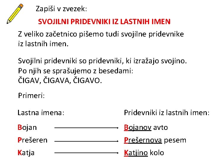 Zapiši v zvezek: SVOJILNI PRIDEVNIKI IZ LASTNIH IMEN Z veliko začetnico pišemo tudi svojilne