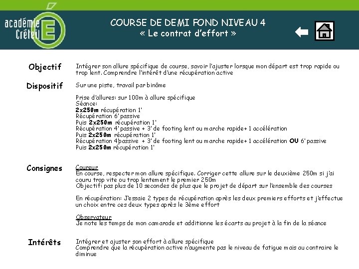 COURSE DE DEMI FOND NIVEAU 4 « Le contrat d’effort » Objectif Dispositif Intégrer