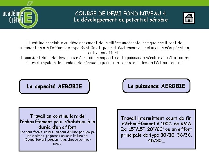 COURSE DE DEMI FOND NIVEAU 4 Le développement du potentiel aérobie Il est indissociable