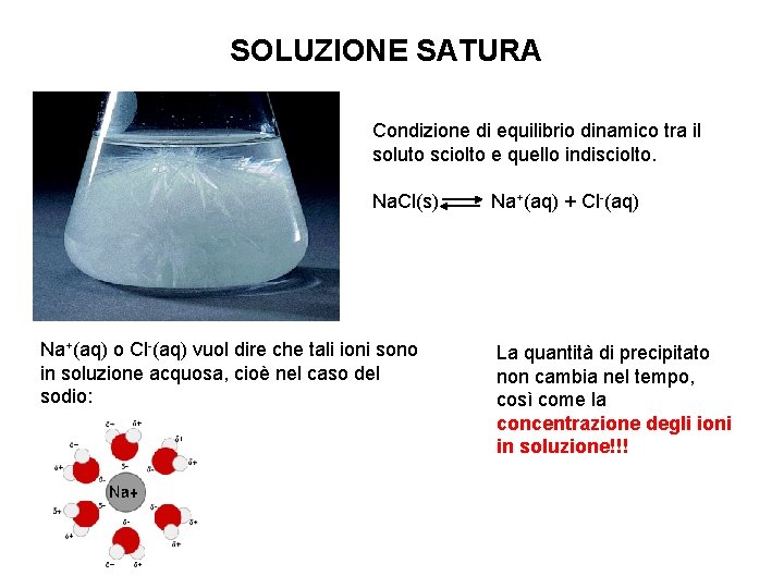 SOLUZIONE SATURA Condizione di equilibrio dinamico tra il soluto sciolto e quello indisciolto. Na.