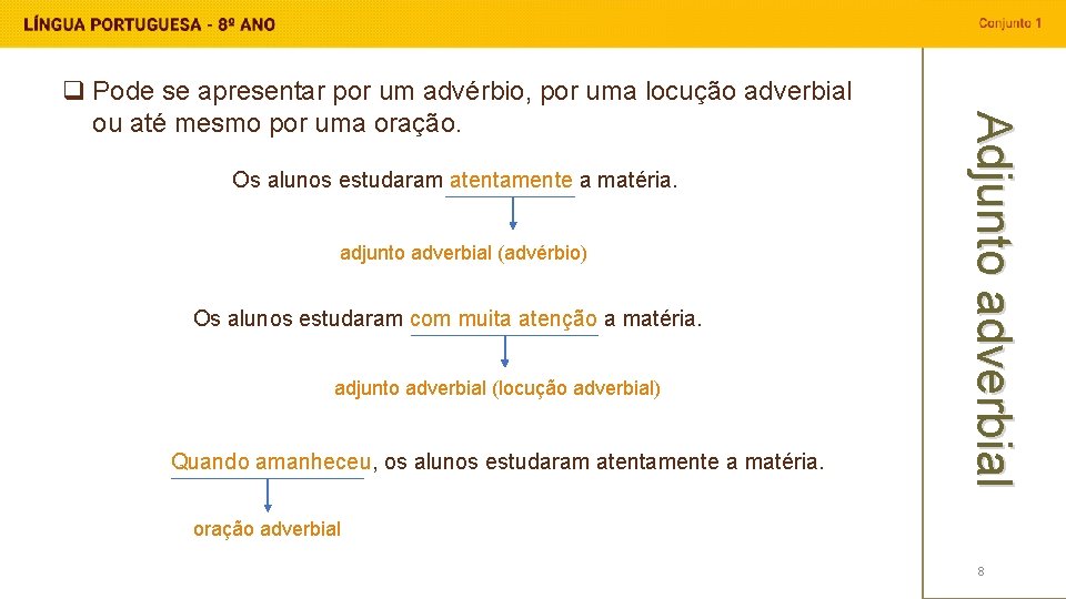 Os alunos estudaram atentamente a matéria. adjunto adverbial (advérbio) Os alunos estudaram com muita