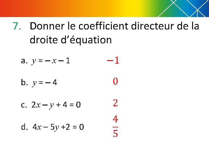 7. Donner le coefficient directeur de la droite d’équation a. y = – x