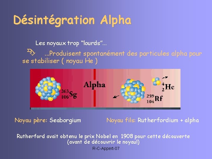 Désintégration Alpha Les noyaux trop “lourds”. . . Produisent spontanément des particules alpha pour