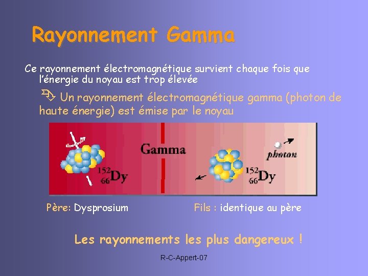 Rayonnement Gamma Ce rayonnement électromagnétique survient chaque fois que l’énergie du noyau est trop