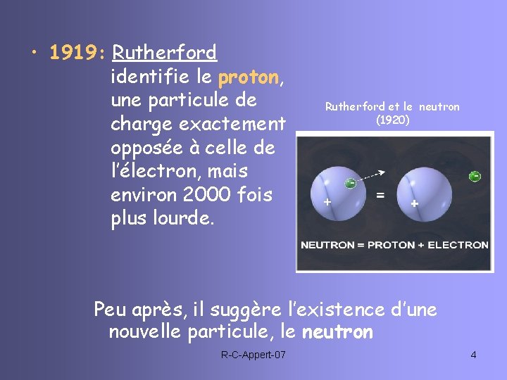  • 1919: Rutherford identifie le proton, une particule de charge exactement opposée à