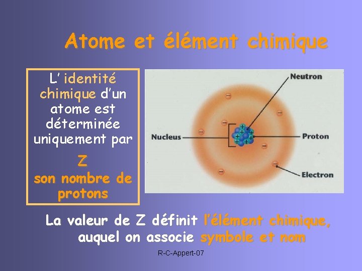 Atome et élément chimique L’ identité chimique d’un atome est déterminée uniquement par Z