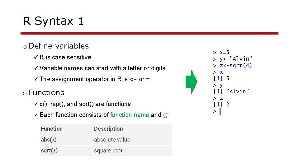 R Syntax 1 o Define variables ü R is case sensitive ü Variable names