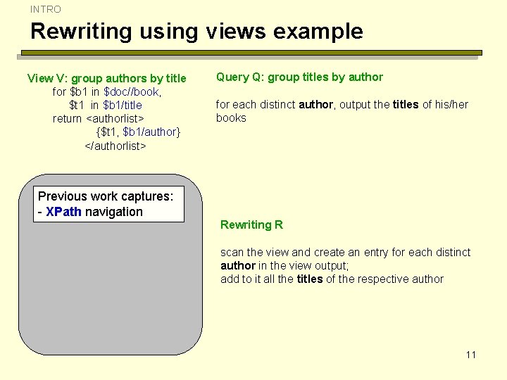 INTRO Rewriting using views example View V: group authors by title for $b 1