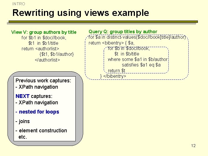 INTRO Rewriting using views example View V: group authors by title for $b 1