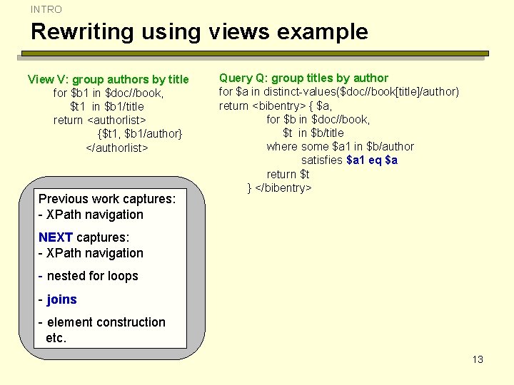 INTRO Rewriting using views example View V: group authors by title for $b 1