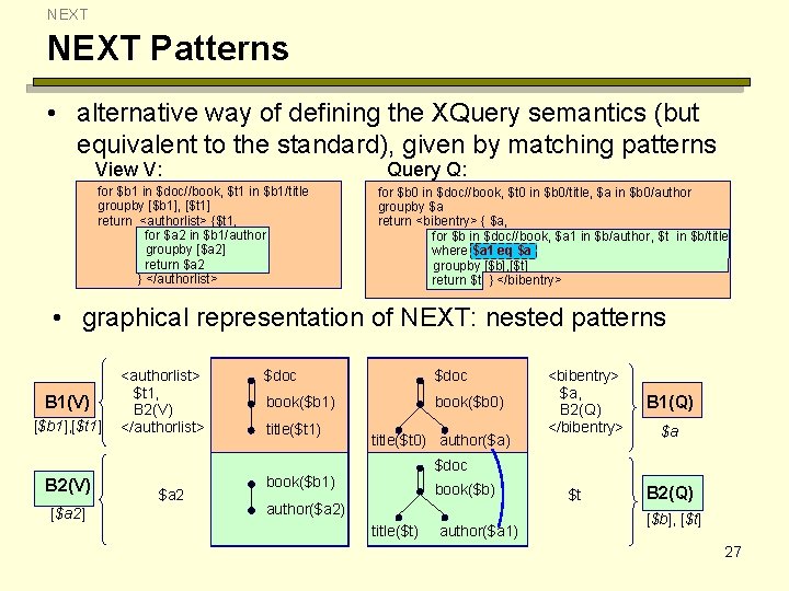 NEXT Patterns • alternative way of defining the XQuery semantics (but equivalent to the