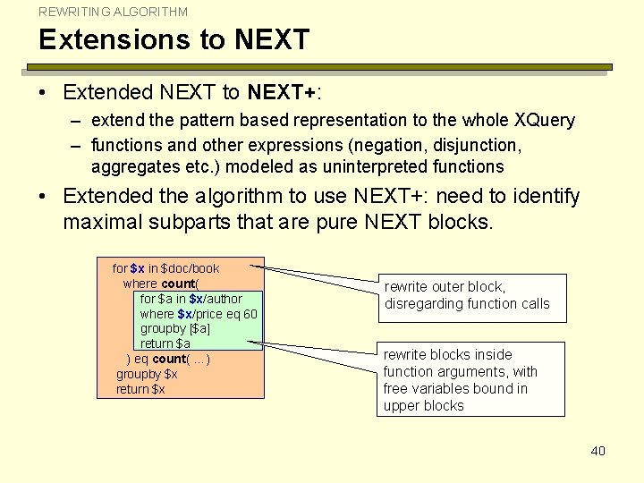 REWRITING ALGORITHM Extensions to NEXT • Extended NEXT to NEXT+: – extend the pattern