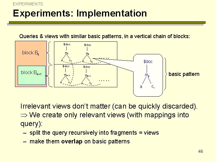 EXPERIMENTS Experiments: Implementation Queries & views with similar basic patterns, in a vertical chain