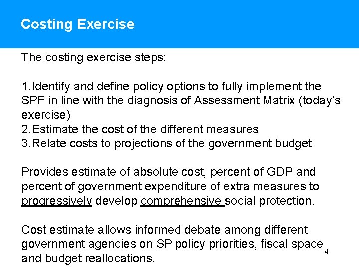 Costing Exercise The costing exercise steps: 1. Identify and define policy options to fully