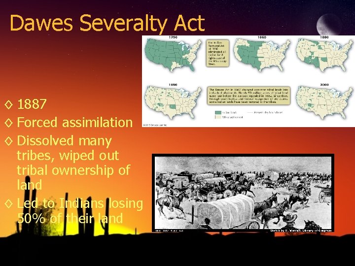 Dawes Severalty Act ◊ 1887 ◊ Forced assimilation ◊ Dissolved many tribes, wiped out