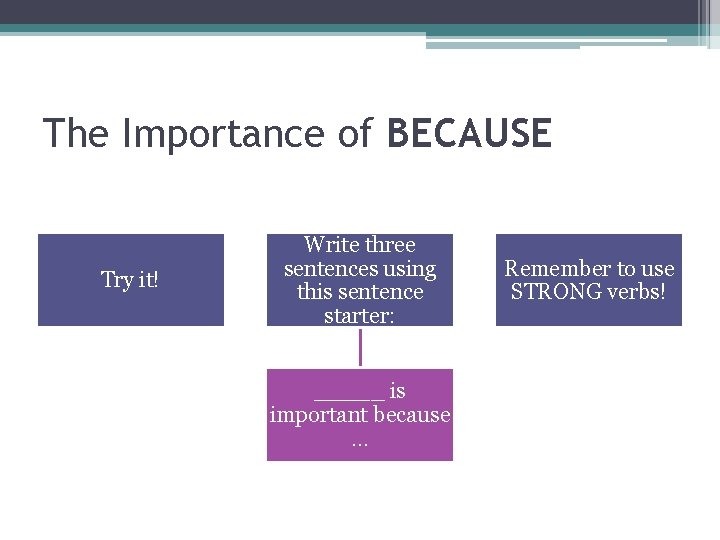 The Importance of BECAUSE Try it! Write three sentences using this sentence starter: _____