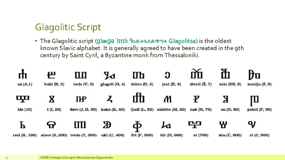 Glagolitic Script • The Glagolitic script (ɡlæɡəˈlɪtɪk Ⰳⰾⰰⰳⱁⰾⰹⱌⰰ Glagolitsa) is the oldest known Slavic