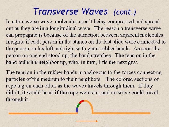 Transverse Waves (cont. ) In a transverse wave, molecules aren’t being compressed and spread