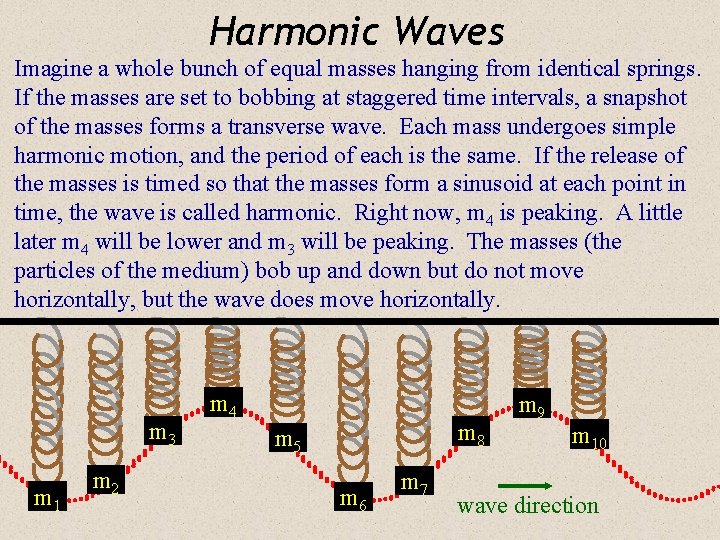 Harmonic Waves Imagine a whole bunch of equal masses hanging from identical springs. If