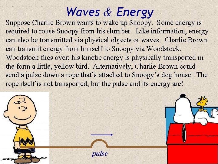 Waves & Energy Suppose Charlie Brown wants to wake up Snoopy. Some energy is