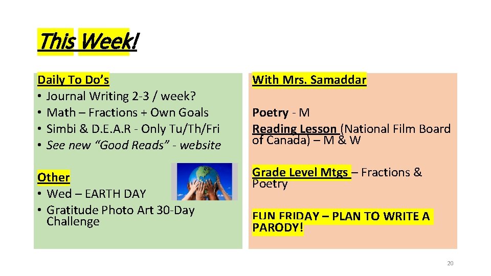 This Week! Daily To Do’s • Journal Writing 2 -3 / week? • Math
