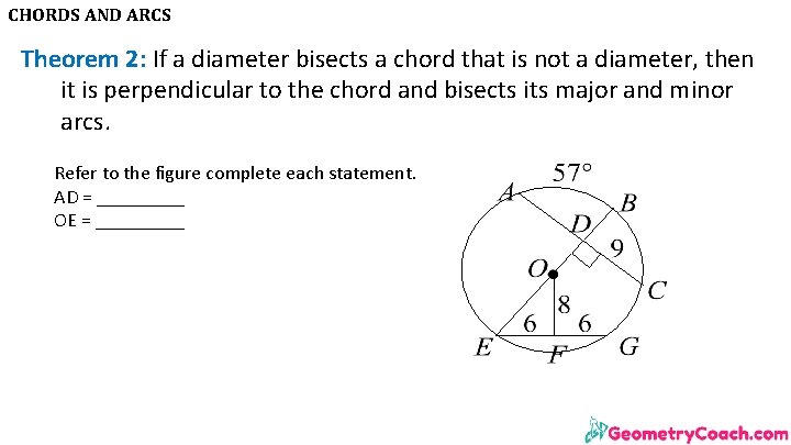 CHORDS AND ARCS Theorem 2: If a diameter bisects a chord that is not