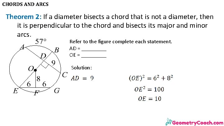 CHORDS AND ARCS Theorem 2: If a diameter bisects a chord that is not