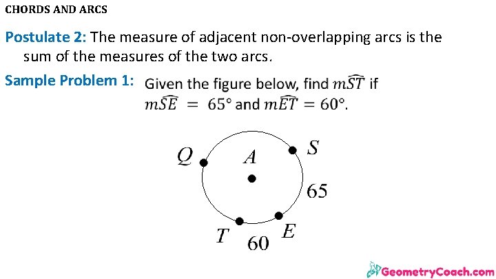 CHORDS AND ARCS Postulate 2: The measure of adjacent non-overlapping arcs is the sum