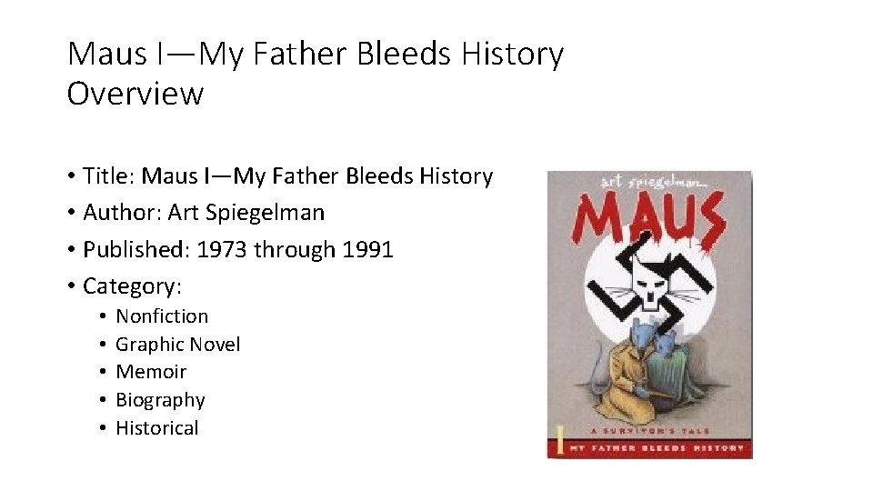 Maus I—My Father Bleeds History Overview • Title: Maus I—My Father Bleeds History •