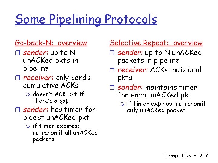 Some Pipelining Protocols Go-back-N: overview r sender: up to N un. ACKed pkts in